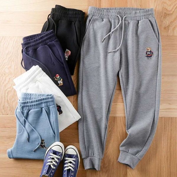 Pantalon de sport gris gaufré coréen pour femmes, pantalon de sport décontracté à taille élastique, avec motif brodé d'ours, nouvelle collection printemps et automne 2021