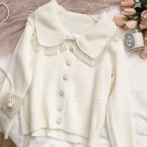 Koreaanse witte cardigan zware parel kwast trui voor vrouwen schattige student jas cardigans turn-down kraag brei tull femme 210522