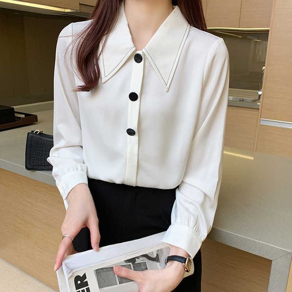 Chemise blanche coréenne Femmes Chemisiers en mousseline de soie Femme Manches longues S Office Lady Basic Tops Plus Taille Casual Blouse XXL 210604