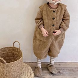 Coréen hiver bébé garçon fille vêtements enfants chaud agneau combinaison épaissir chaud polaire pantalon pantalon tout-petits enfants salopette décontractée 240226
