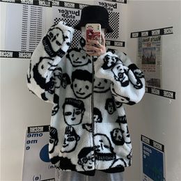 Mélanges d'hiver coréens Nouveau manteau de style Harajuku Lazy BF Impression de dessins animés mignons Veste à manches longues en laine d'agneau Garder au chaud les vêtements d'extérieur à fermeture éclair