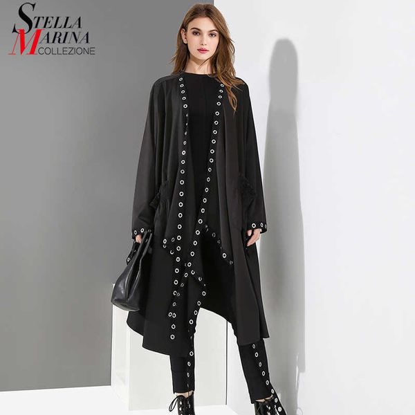 Femme coréenne solide noir unique cape style veste ouverte conception grande taille longue bande trous en métal dames lâche veste manteau 3843 210928