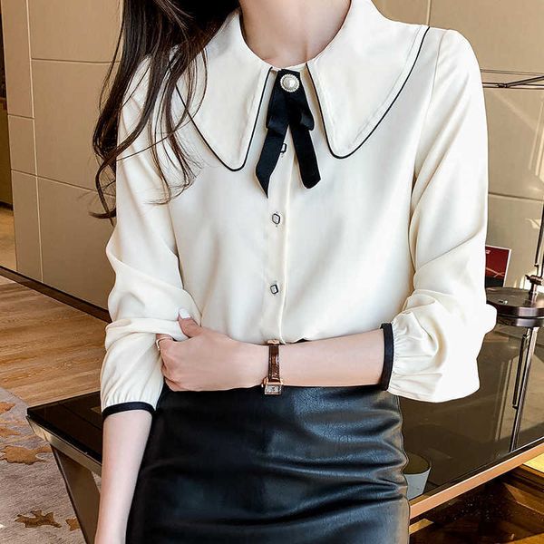 Femmes coréennes Blouse Chemises blanches Chemise à manches longues Femme Mousseline de soie S Peter Pan Collier Tops Plus Taille XXL 210604