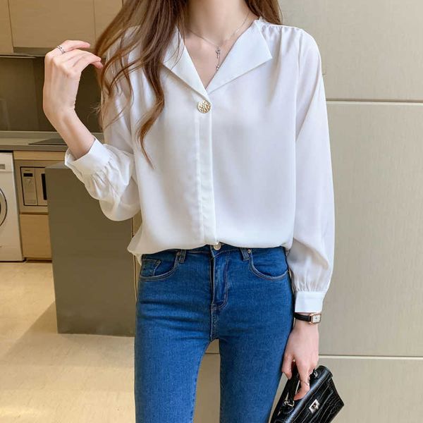 Femmes coréennes Blouses Chemisier en mousseline de soie Chemises Femme Col V Dames Blanc Top Chemise à manches longues Tops Plus Taille XXL 210604