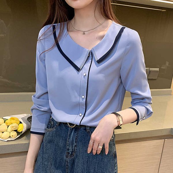 Femmes coréennes blouses chemises à manches longues femme Chemisier en mousseline de soie femme de base Top plus Taille Taille Casual V Coulé Chemise Bleue XXL 210604
