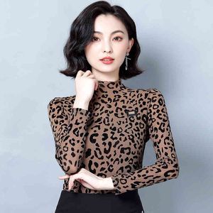 Femmes coréennes Blouses Chemises Femme Chemisier Léopard Chemise À Manches Longues Maille Tops Plus La Taille Blusas Mujer De Moda 210427