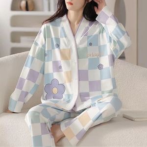 Coréen Femmes Pyjamas Ensemble Kimono Printemps Automne Mignon Dessin Animé Pijamas À Manches Longues Vêtements De Nuit Mode Femme Loungewear Pyjamas 240314