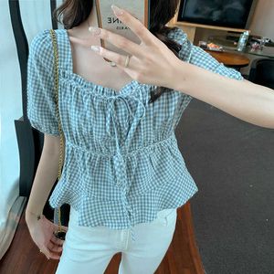 Koreaanse vrouwen shirt chiffon blouses voor vrouwen korte mouw vrouwelijke top raster vierkante nek blouse vrouw frenulum 210604