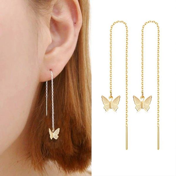 Boucles d'oreilles pendantes en fil pour femmes coréennes, or 14 carats, breloque papillon, longue chaîne, bijoux pour femmes