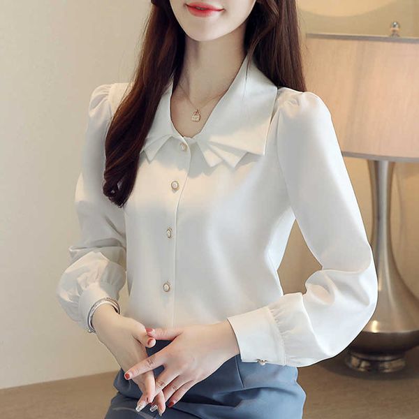 Camisas coreanas para mujer, blusa, camisa blanca para manga abullonada, Tops con cuentas para mujer, talla grande, cuello doble, 210604