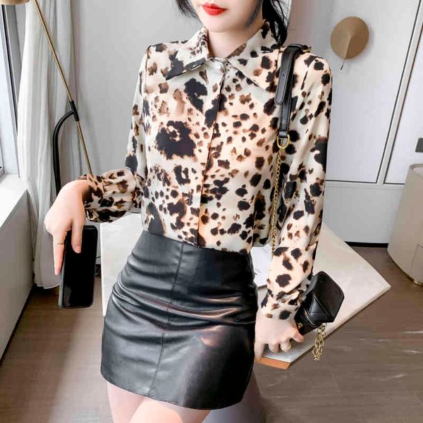Coréen Femmes Chemises Blouse Femme Léopard Imprimer Manches Longues Mousseline Tops Plus Taille Top XXL 210427