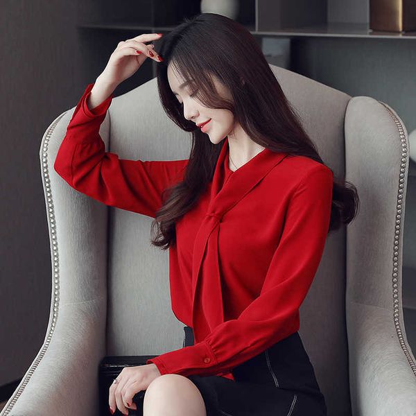 Coréen femmes chemises Blouses à manches longues chemise hauts femme en mousseline de soie Blouse printemps nœud papillon dames col en V haut XXL 210604