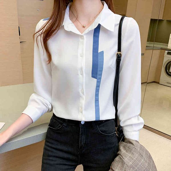 Camisas femininas coreanas blusas femininas camisa manga longa chiffon tops plus size estampa listrada XXL 210427