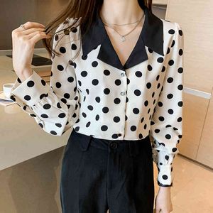 Koreaanse vrouwen shirts chiffon blouses lange mouw tops vrouw polka dot blouse v-hals shirt dames print 210427