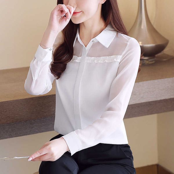 Femmes coréennes Chemises Blouses en mousseline de soie Blouses à manches longues Femme Chemise blanche Volants Blouse en dentelle Plus Taille XXL 210604