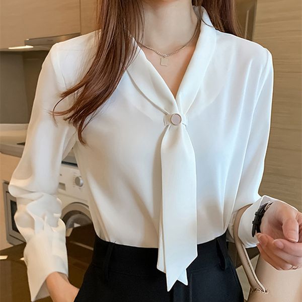 Femmes coréennes Chemises Blouses en mousseline de soie Blouses à manches longues Femme Blouse blanche Plus Taille V Cou Chemise Top XXL 210427