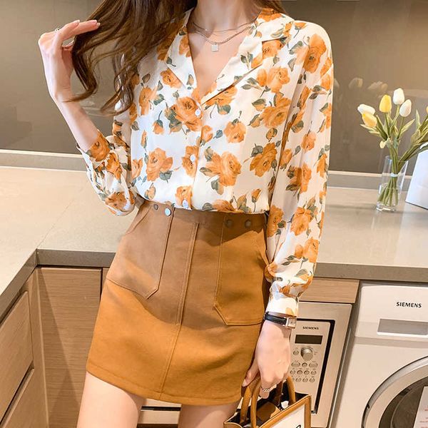 Camisas de mujer coreana Blusas de gasa Mujer con cuello en V Blusa con estampado de manga larga Tops Tallas grandes Top floral XXL 210604