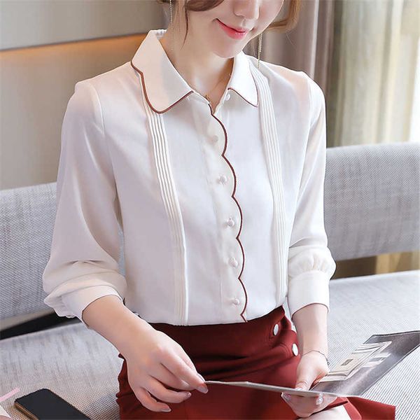 Coréen femmes chemises en mousseline de soie femme broderie Blouses bureau dame solide Blouse chemise à manches longues hauts grande taille XXL 210531