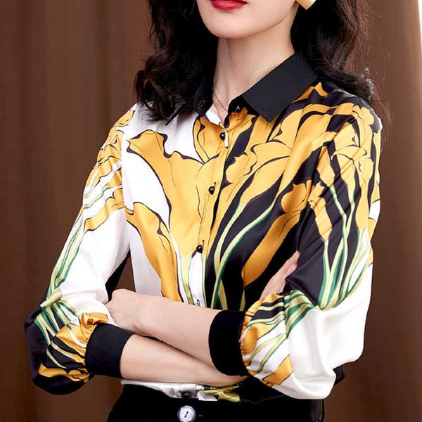 Camisa de seda de las mujeres coreanas elegante mujer blusas de satén más tamaño oficina dama manga larga impresión s tops para mujer y 210531