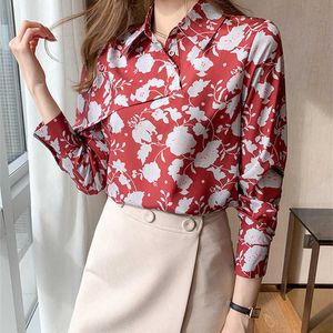 Koreaanse vrouwen zijde shirts blouses vrouw satijn print lange mouw tops plus size bloemen ruches top 210604