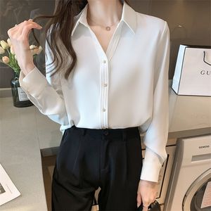 Femmes coréennes chemises en soie Blouses en Satin hauts à manches longues femme chemisier blanc haut à col en v grande taille 220307