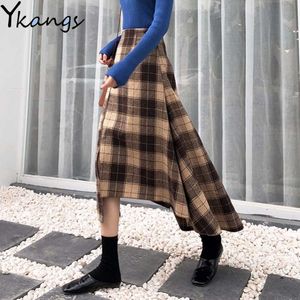 Koreaanse vrouwen lente bruine geruite rok split checker dameskantoor onregelmatige hoge taille geplooide rok vrouwelijke casual mode rok 210619