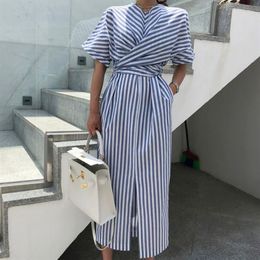 Mujeres coreanas verano algodón azul rayas vendaje Split Vestido largo femenino ajustado largo talla grande Vestido Robe Femme Ete Sukienki MX2268V