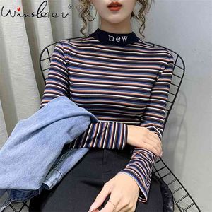 Femmes coréennes T-shirts Lettres Rainbows Stripe Patchwork Tops Col Roulé All-Match Coton Tee-shirt Automne Mode Casual T07313B 210421