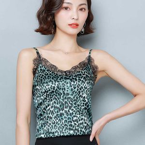 Coréen haut pour femme femme soie réservoir col en v dentelle t-shirts Camis Satin imprimé léopard réservoirs t-shirt grande taille dame licou 210531