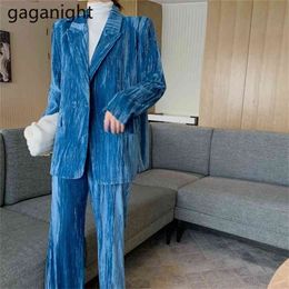 Koreaanse vrouwen twee stukken set lente herfst outfits fluwelen losse blazer hoge taille wide been pant pak daling 210601