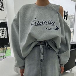 Koreaanse Womens Wear Edition Nieuwe Letter Gedrukt Ronde Hals Los en Casual Zorgvuldig Machine Off-Shoulder Sweatshirt