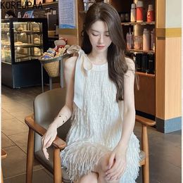 Korejpaa Vestido de verano suave elegante Tassel Bow Round Tank Vestidos Mujeres Corea Manevels Vestidos de Mujer 240513