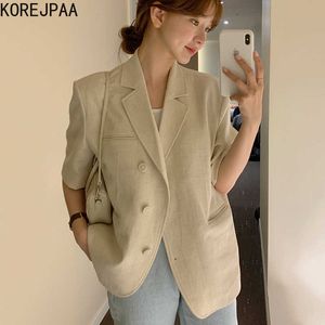 Korejpaa mujeres Blazers 2021 verano coreano Chic Simple temperamento solapa suelta tres botones manga corta traje Chaquetas cortas X0721