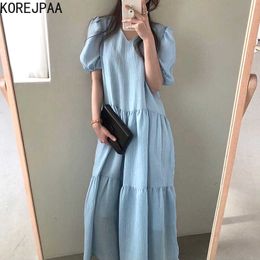 Korejpaa Vestido de mujer Corea Chic francés Retro elegante cuello cuadrado Halo tinte suelto versátil manga de burbuja Vestido largo 210526