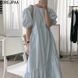 Korejpaa vrouwen jurk Korea chique zomer elegante ronde hals geplooide losse effen kleur bubble mouw jurk lange rok vrouwelijke 210526