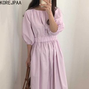 Korejpaa Damesjurk Korea Chic Zomer Gentle Elegante O-hals Solid Color Fold Taille Five-Point Bubble Sleeve Long Vestido 210526
