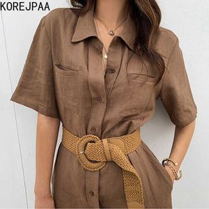 Korejpaa Damesjurk Korea Chic Summer Temperament Reving Single-Breasted Belt Multi-Pocket Casual Split Long Shirt Vestido 210526