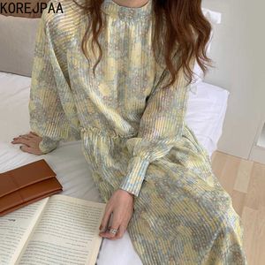 Korejpaa Femmes Robe Coréenne Chic Rétro Col Élégant Plissé Lâche Bulle Manches Bureau Robe Longue Jupe Femme 210526