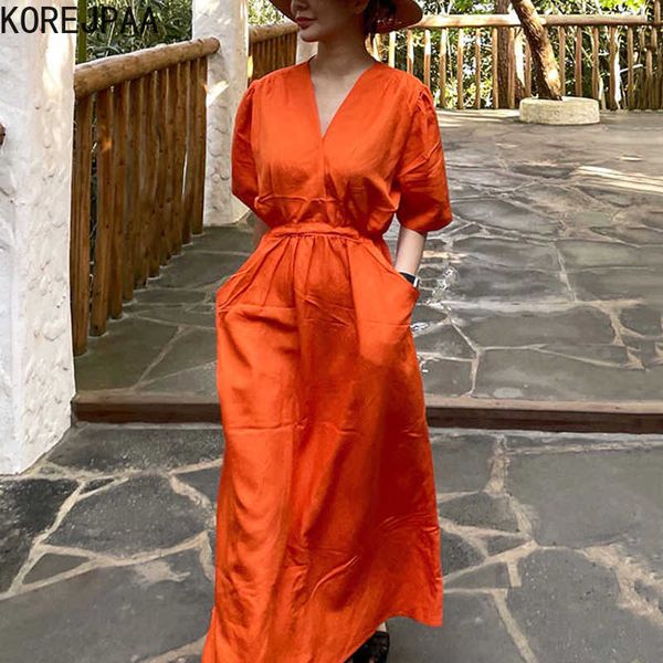 Korejpaa femmes robe coréenne Chic été français Simple élégance col en V Orange fronde taille grande poche robes à manches courtes 210526
