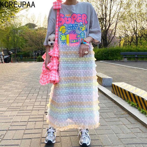 Korejpaa vestido de mujer coreano chic verano o-cuello kawaii dibujos animados impresión encaje malla onda punto costura pastel vestido femenino 210526