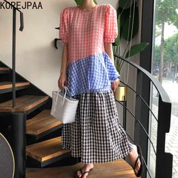 Korejpaa femmes robe mode coréenne Chic été Vintage Plaid col rond lâche bulle manches gâteau longue Vestido femme 210526