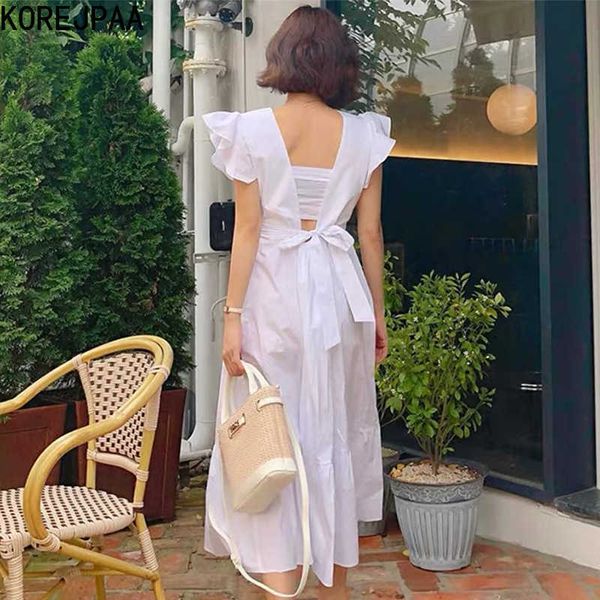 Korejpaa femmes robe mode coréenne élégant et doux col carré Sexy dos nu nœud papillon taille mouche manches robe femme 210526