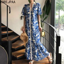 Korejpaa vestido de mujer coreano retro hoja de vacaciones impreso collar suelto casual de un solo pecho de manga corta vestido de cola de pez 210526