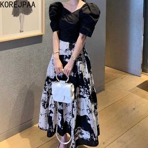 Korejpaa Dames Jurk Sets Korea Chic Simple Temperament V Collar Lantern Sleeve Shirt en Hoge Taille Inkt Tie Dye Rok Suit 210526