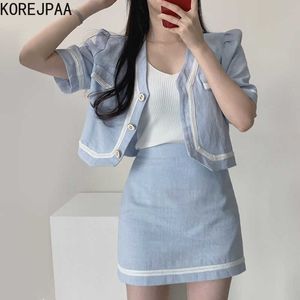Korejpaa vrouwen jurk sets Koreaanse mode kant stiksels drie knop korte mouwen jas en hoge taille tas hip rok pak 210526