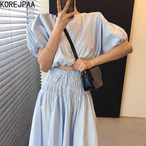 Korejpaa femmes robe ensembles été corée Chic décontracté Joker col rond bulle manches chemise courte + taille haute élastique jupe costume 210526