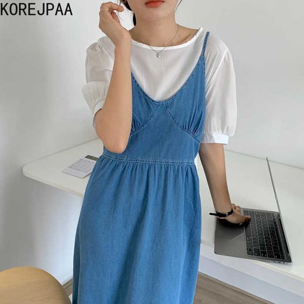 Korejpaa femmes robe ensembles été coréen Chic Simple sauvage lâche bulle manches chemise et col en V Denim fronde robe longue jupe 210526