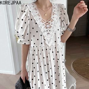 Korejpaa Dames Jurk Zomer Franse Temperament V-hals Kant Haak Stitching Hoge Taille Losse Polka Dot Puff Sleeve Vestido 210526