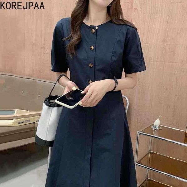 Korejpaa femmes robe été Girs français rétro col rond Chic métal simple boutonnage minceur à manches courtes a-ligne Vestidos 210526