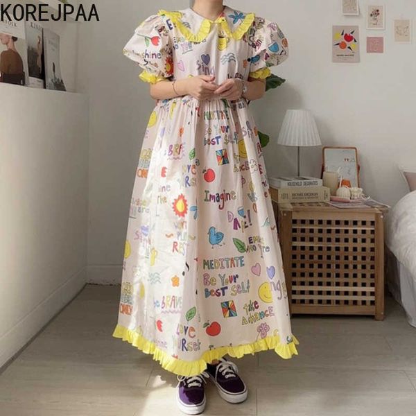Korejpaa Vestido de mujer verano Corea Chic lindo cuello de muñeca estampado de dibujos animados suelto Joker manga de burbuja gran columpio Vestido 210526